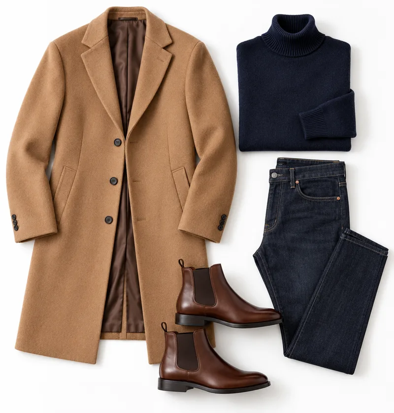 Flat lay of a camel coat, navy sweater, jeans and boots