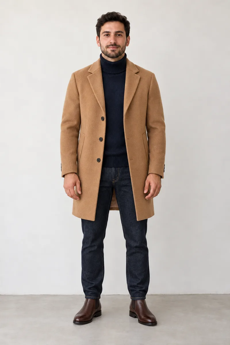 The same man wearing the camel coat outfit
