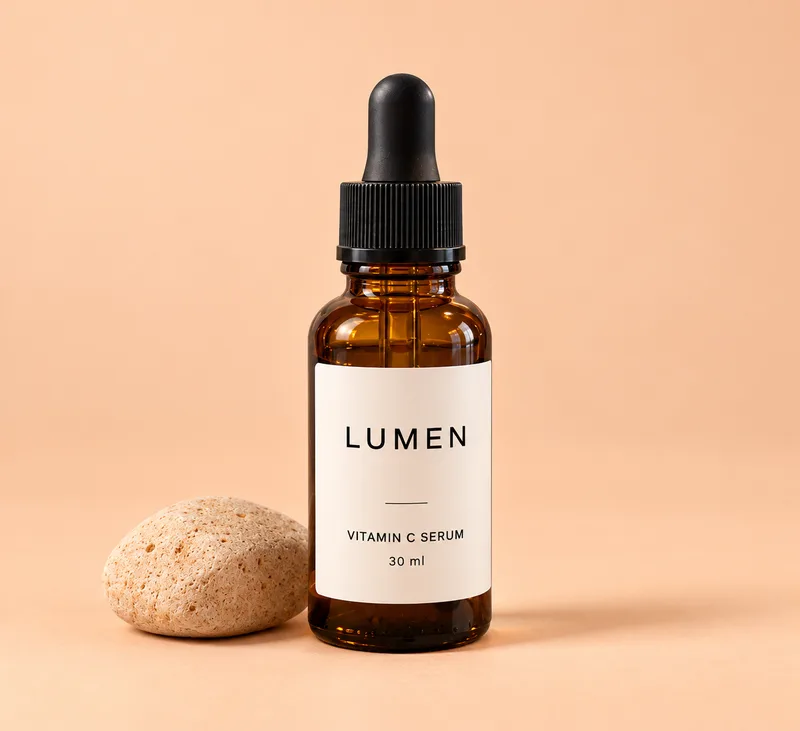 Same serum bottle on a peach studio background with the label readable