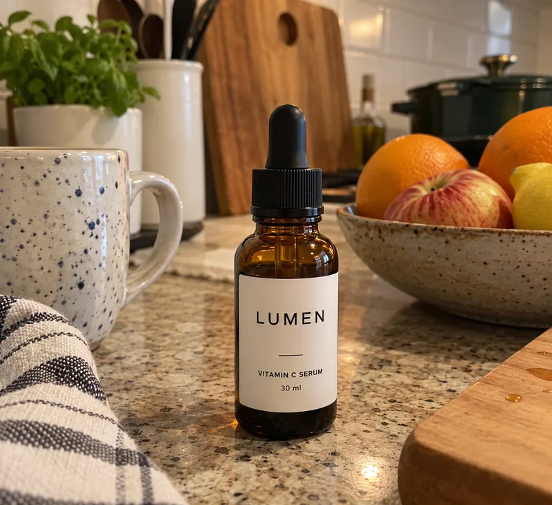 Serum bottle on a cluttered kitchen counter