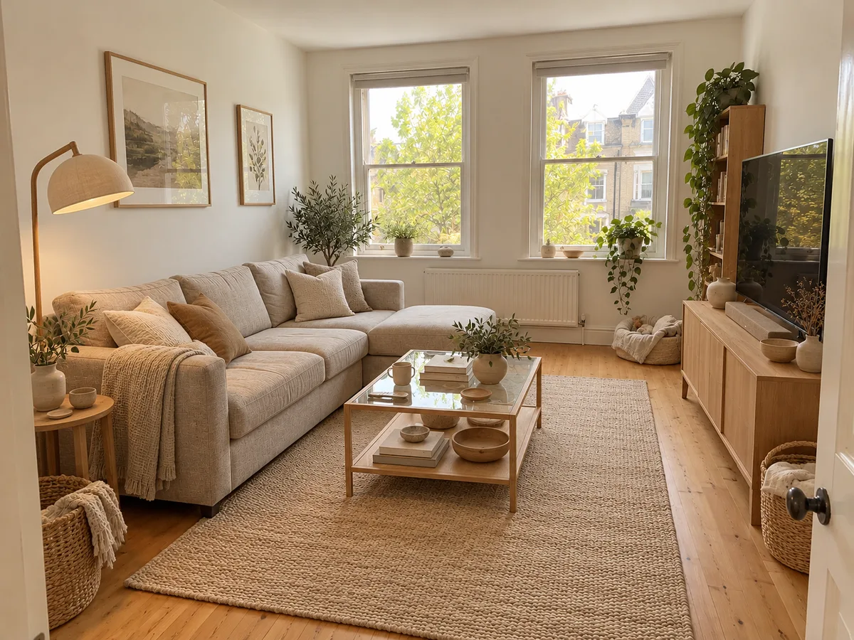 Same living room restyled in Japandi style with light oak and linen