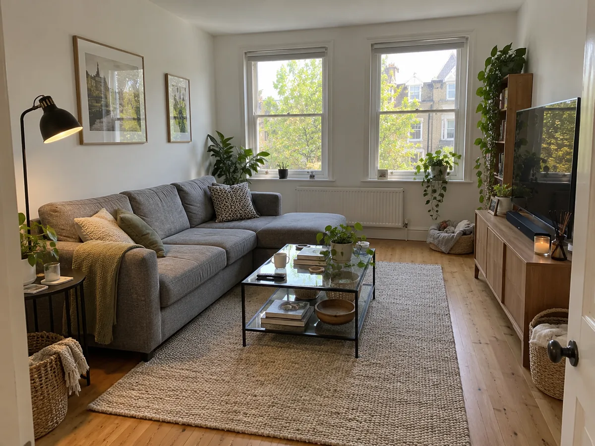 Ordinary living room with a grey sofa and glass coffee table