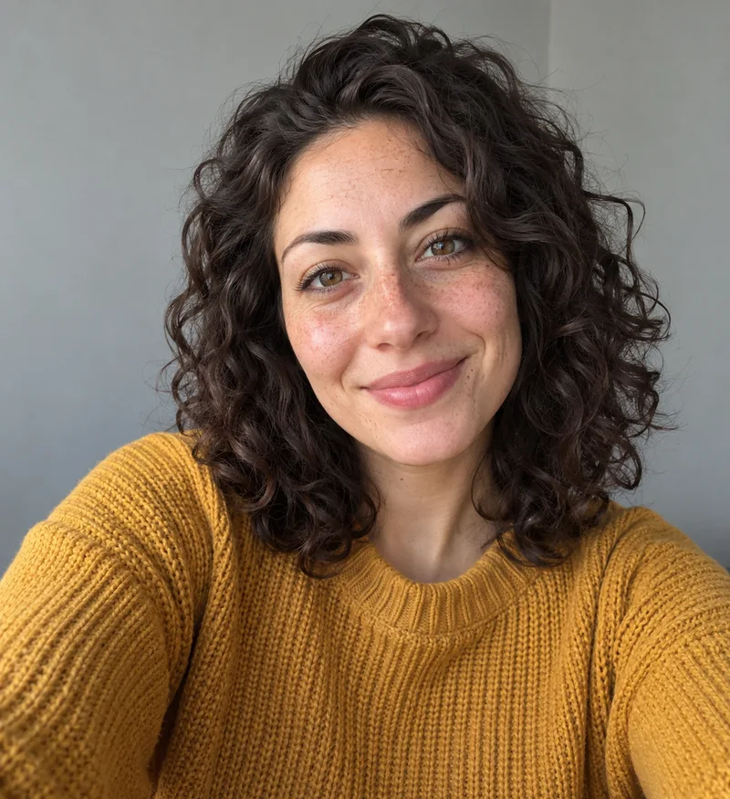Selfie of a woman with curly dark hair and a mustard sweater