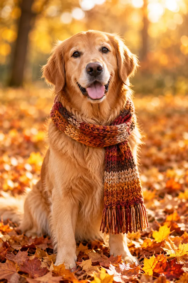 Portrait of a golden retriever wearing a knitted scarf sitting in autumn leaves, soft bokeh, warm light, pet photography