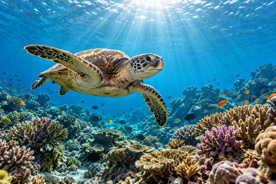 Underwater photo of a sea turtle gliding over a vibrant coral reef with sun rays from the surface, clear blue water