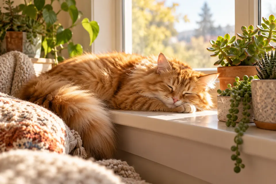 Fluffy ginger cat napping in a sunbeam on a windowsill with potted succulents, cozy home atmosphere, soft natural light