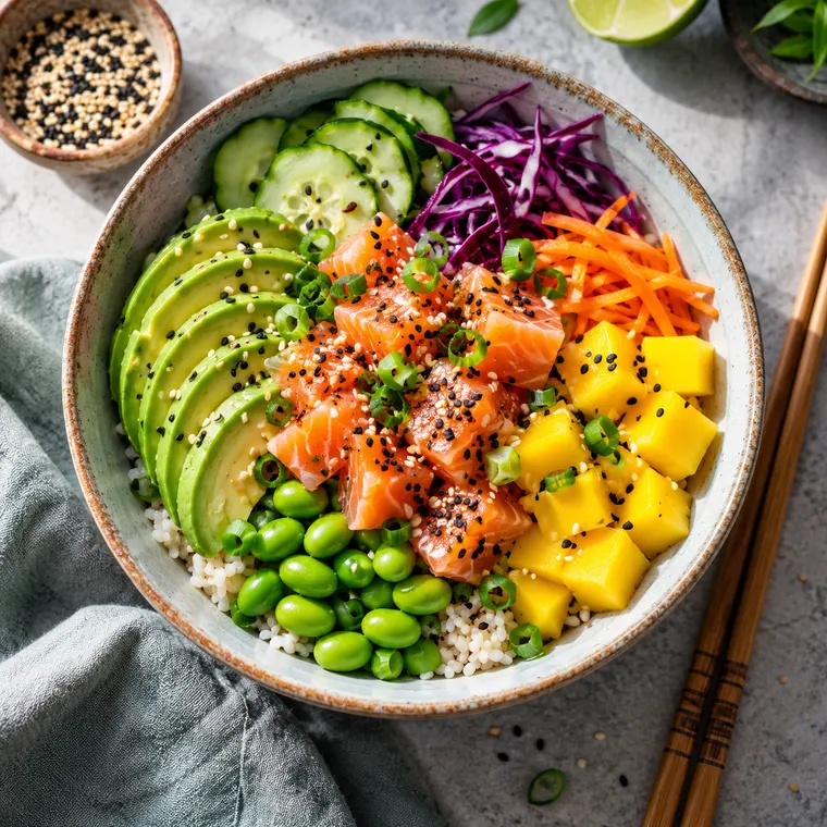 Overhead food photo of a colorful poke bowl with salmon, avocado, edamame and mango on a ceramic plate, chopsticks, natural light, food magazine style