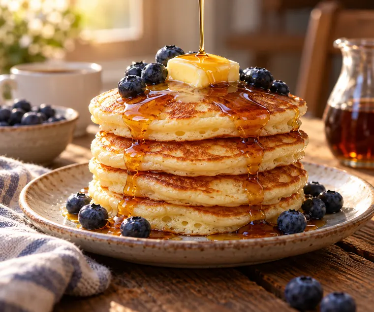 Stack of fluffy pancakes with blueberries and maple syrup pouring down, butter melting, rustic wooden table, warm morning light, food photography