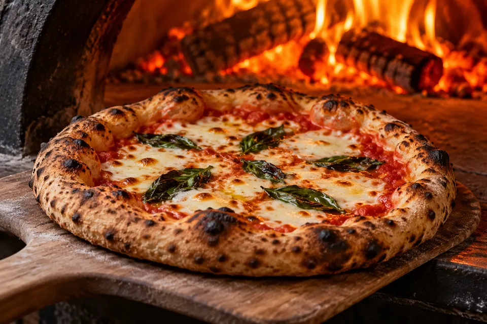 Rustic Neapolitan pizza fresh from a wood-fired oven on a wooden peel, bubbling mozzarella and basil, glowing embers in background