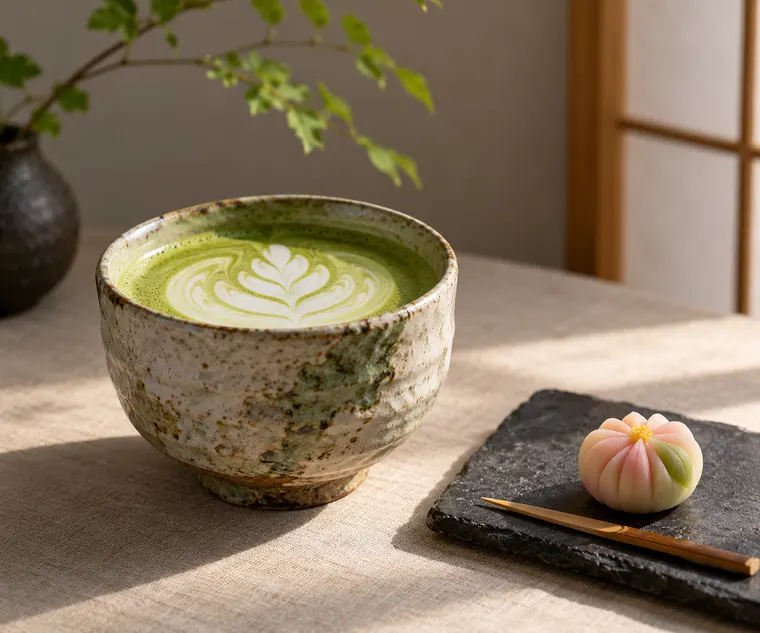 Elegant matcha latte art in a handmade ceramic cup with a small wagashi sweet on a slate plate, soft side light, minimal Japanese style