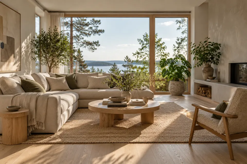 Scandinavian living room interior with a light oak floor, linen sofa, large window with plants, soft afternoon light, architectural digest photography