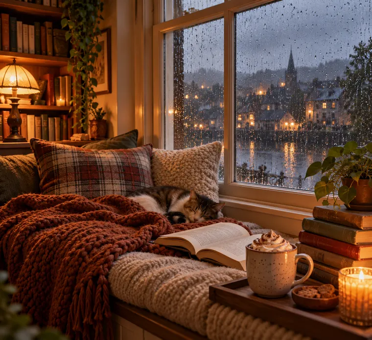 Cozy reading nook with a window seat, stacked books, knitted blanket and a cup of cocoa, rainy day outside, warm lamp light