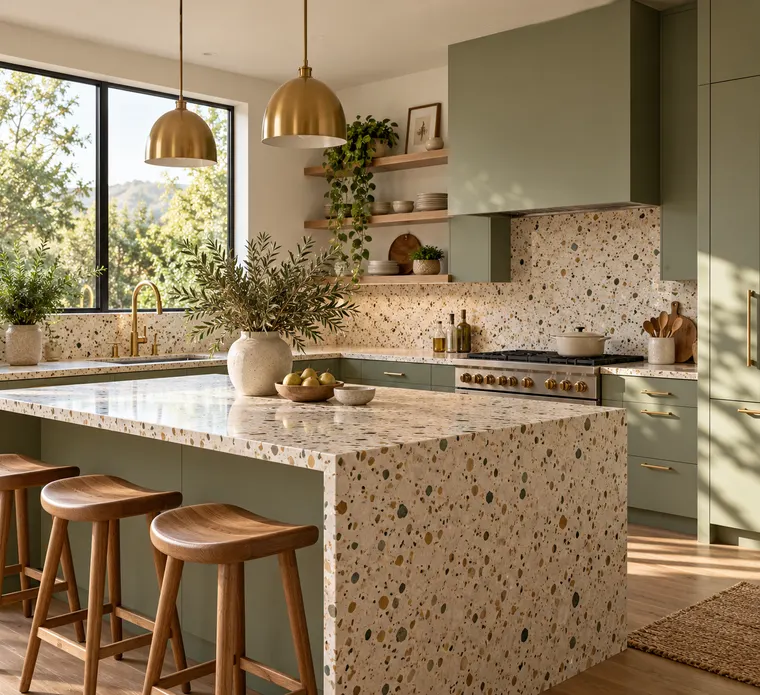 Modern minimalist kitchen with terrazzo countertops, sage green cabinets and brass fixtures, morning light, interior design photo