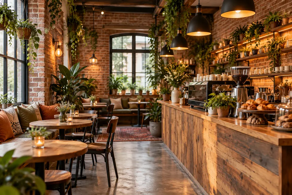 Small boutique coffee shop interior with exposed brick, hanging plants, wooden counter and pendant lights, inviting atmosphere, no readable text