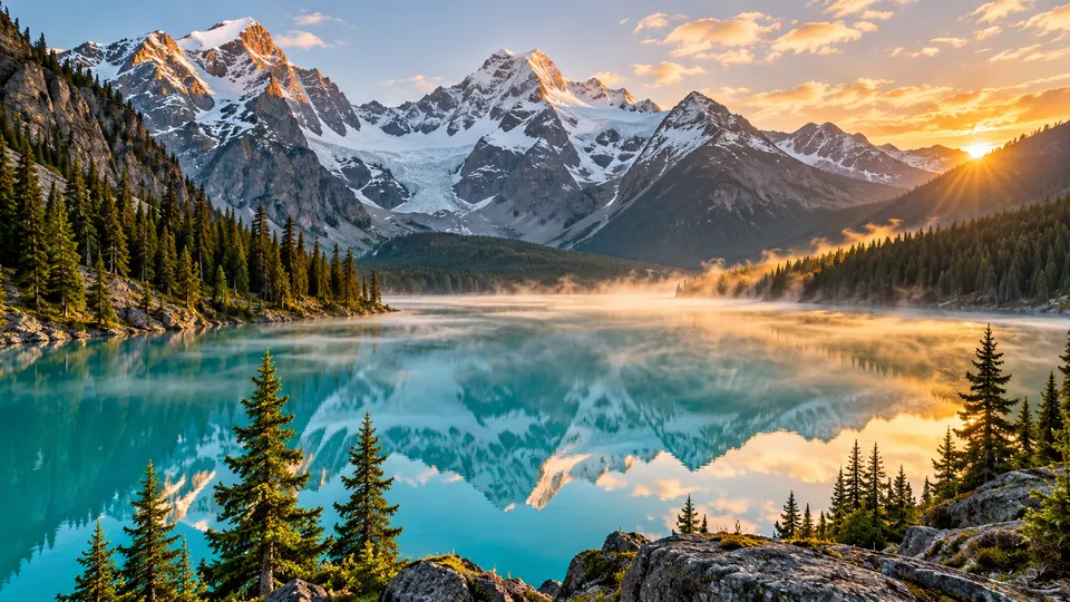 Wide landscape photo of turquoise alpine lake surrounded by pine forest and snow-capped peaks at sunrise, mist over the water, crisp detail