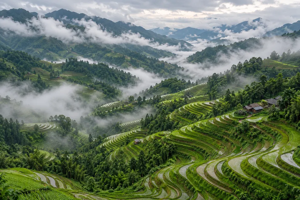 Aerial photo of winding rice terraces on green hills after rain, low clouds drifting between the hills, soft diffused light