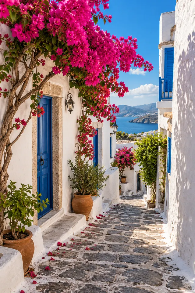 Vertical photo of a narrow cobblestone alley in a Mediterranean village with whitewashed walls, blue doors and bougainvillea, bright afternoon sun