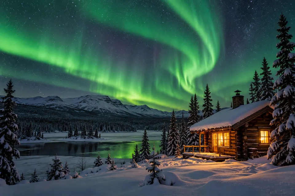 Northern lights over a snowy cabin in a Nordic forest, green aurora ribbons, starry sky, warm light from the cabin window, long exposure photo