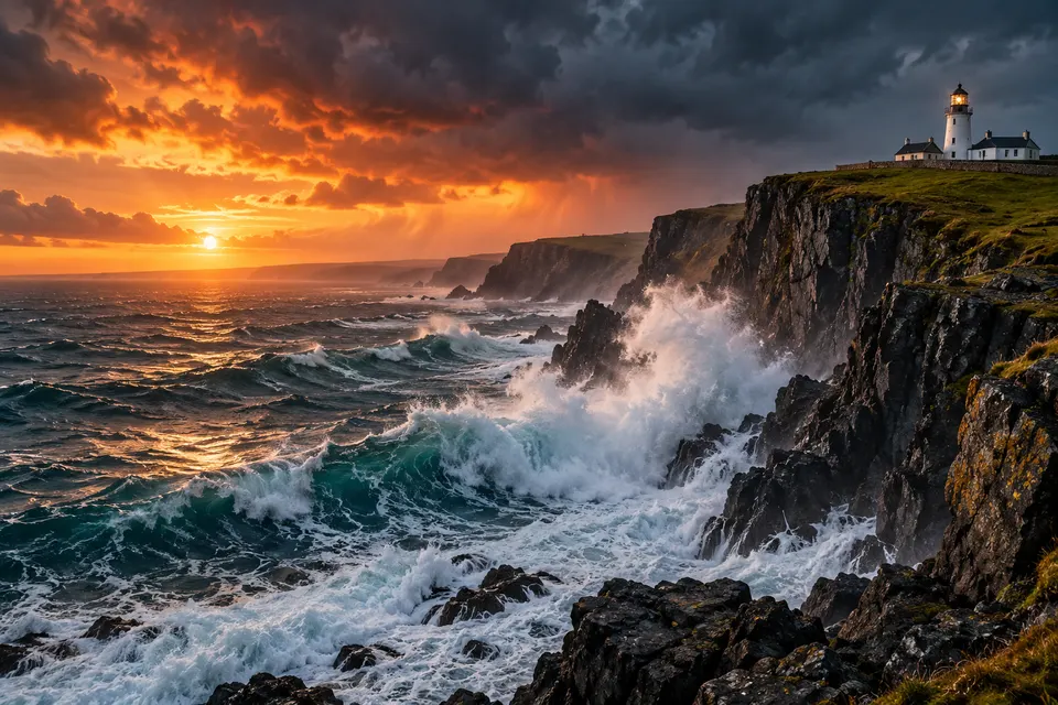 Dramatic coastal cliffs with crashing waves and a small lighthouse during a stormy sunset, cinematic landscape photography
