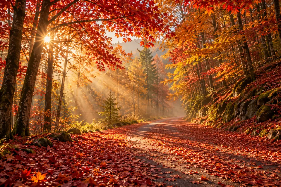 Autumn forest road covered in red and orange leaves with sunbeams through the trees, peaceful morning atmosphere
