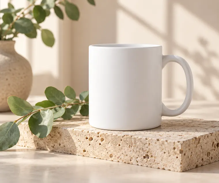 Studio product photo of an unbranded matte white ceramic coffee mug on a travertine block, soft morning window light, eucalyptus sprig, minimal beige background, commercial e-commerce style