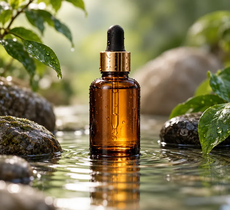 Unbranded amber glass skincare serum bottle with dropper standing in shallow water with ripples, wet stones, soft green backdrop, luxury cosmetics advertising photo