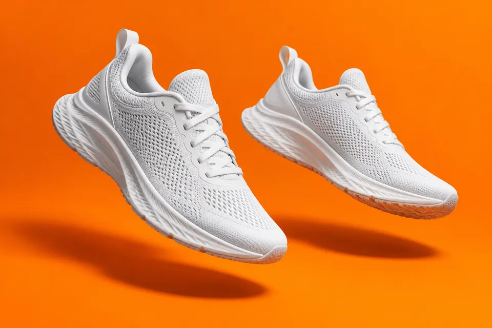 Pair of unbranded white running sneakers floating mid-air over a bright orange background, dynamic shadows, crisp studio lighting, sports advertising photo