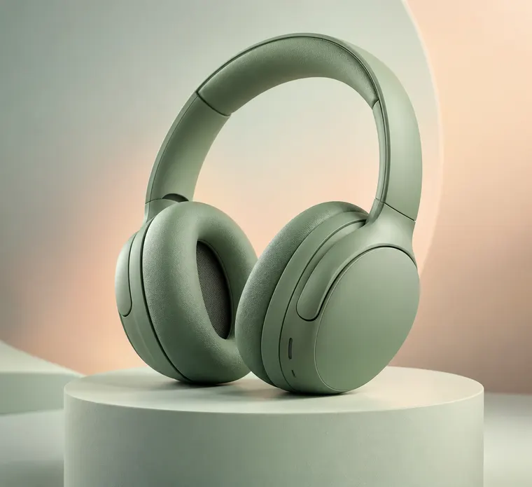 Unbranded wireless over-ear headphones in sage green on a pastel pedestal, soft gradient background, studio lighting, clean tech product render