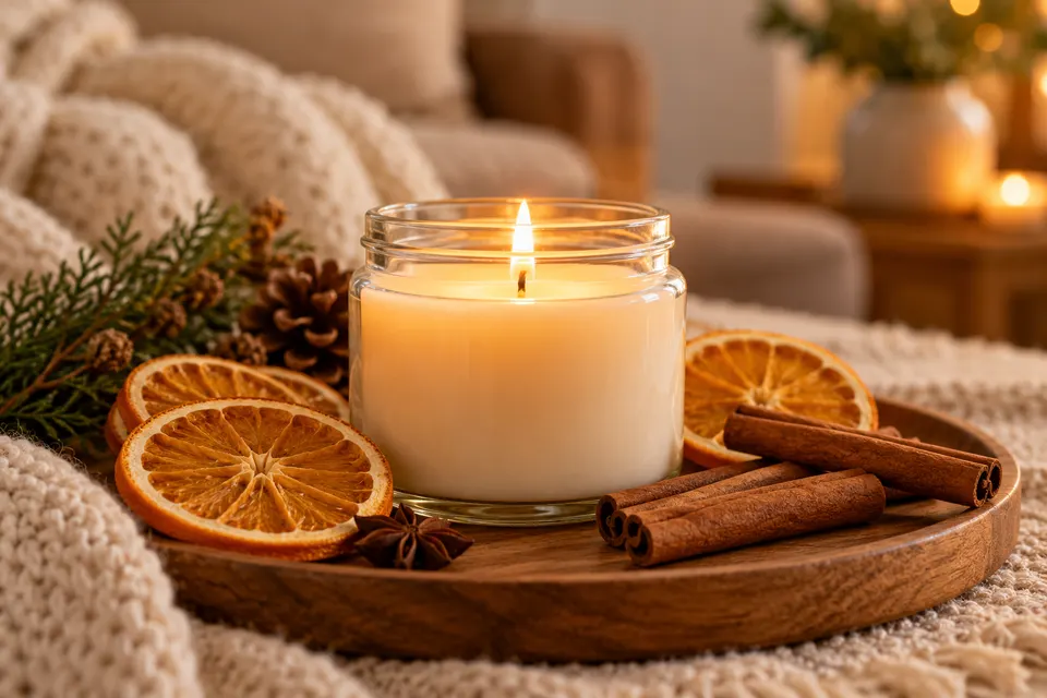 Handmade unbranded scented candle in a clear glass jar on a wooden tray with dried orange slices and cinnamon sticks, cozy warm light, lifestyle product photo
