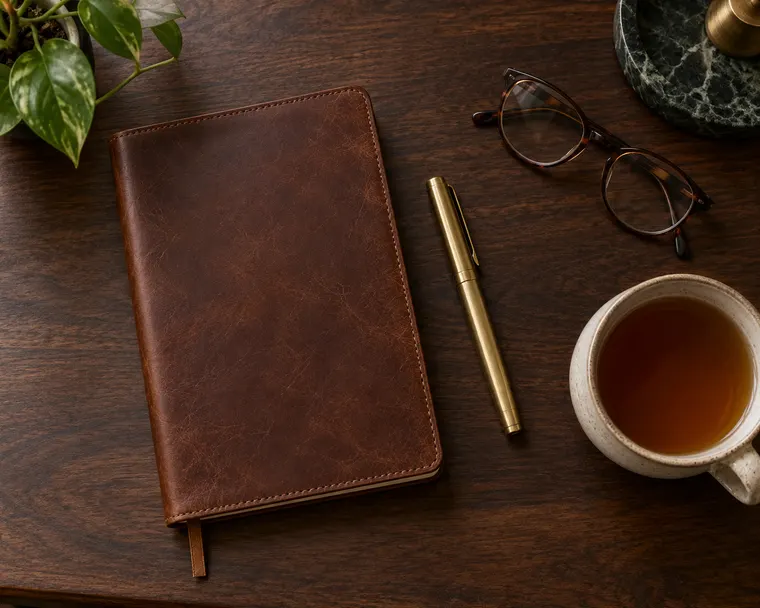 Flat lay of an unbranded leather notebook, brass pen, reading glasses and a cup of tea on a dark walnut desk, overhead shot, soft natural light