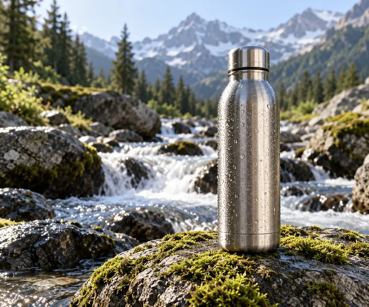 Unbranded stainless steel water bottle with condensation droplets on a mossy rock beside a mountain stream, outdoor gear product photo, shallow depth of field