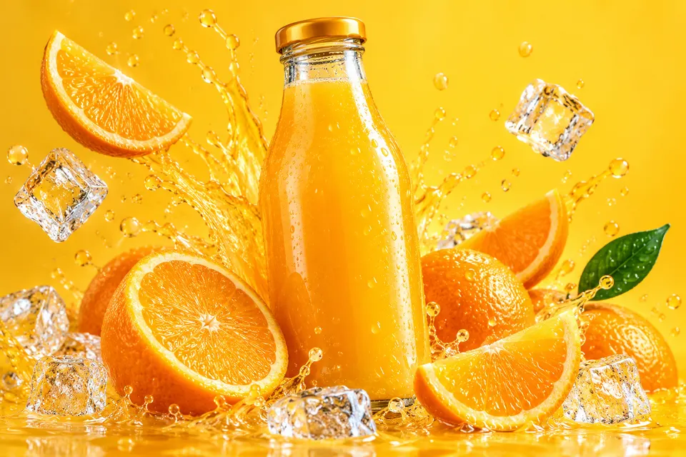 Glass bottle of unbranded cold-pressed orange juice with sliced oranges and ice cubes, splash of juice, bright yellow background, beverage advertising photo