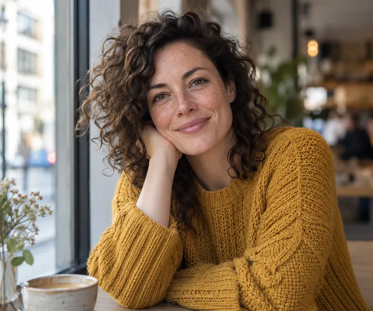 Natural light portrait of an adult woman in her 30s with curly hair and freckles, wearing a mustard knit sweater, sitting by a café window, soft bokeh, editorial photography, original person