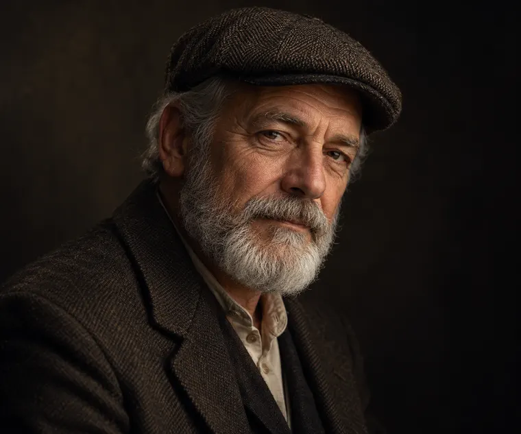 Studio portrait of an older man with a silver beard and flat cap, warm Rembrandt lighting, dark background, detailed skin texture, classic portrait photography, original person