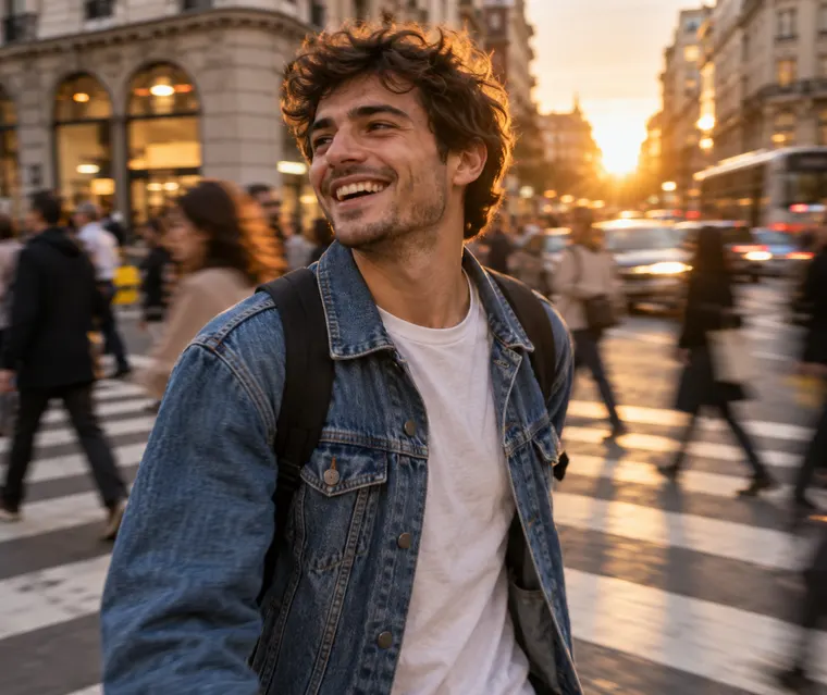 Candid street portrait of a young adult man with a denim jacket laughing on a city crosswalk at golden hour, motion blur in background, documentary photography, original person