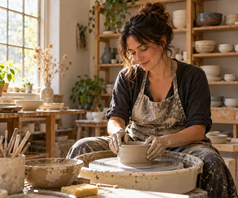 Environmental portrait of an adult potter at her wheel in a sunlit studio, clay on her hands, shelves of bowls behind, warm natural tones, original person