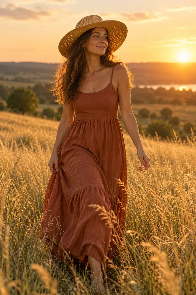 Outdoor portrait of an adult woman in a long rust-colored linen dress and a wide straw hat walking through a field of tall golden grass at sunset, warm backlight, relaxed smile, original person