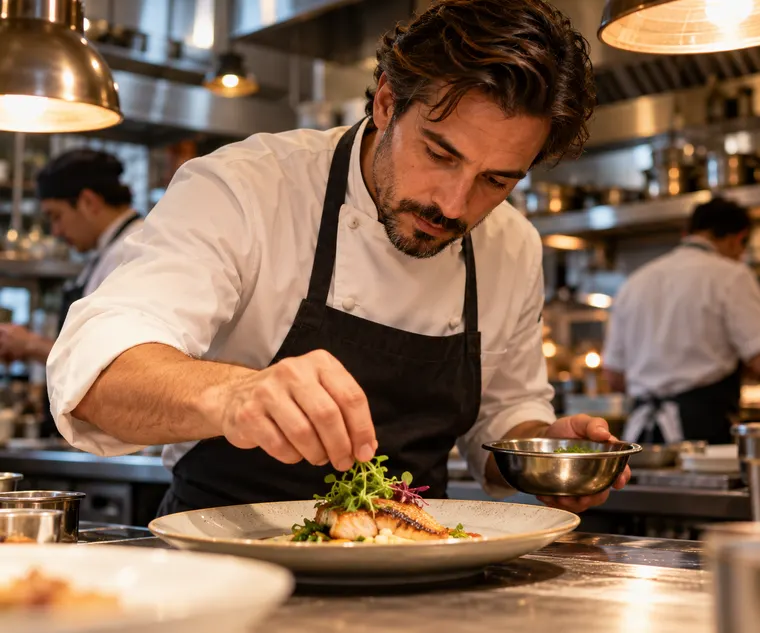 Close-up portrait of an adult chef in a white jacket plating a dish in a busy restaurant kitchen, warm tungsten light, shallow depth of field, original person