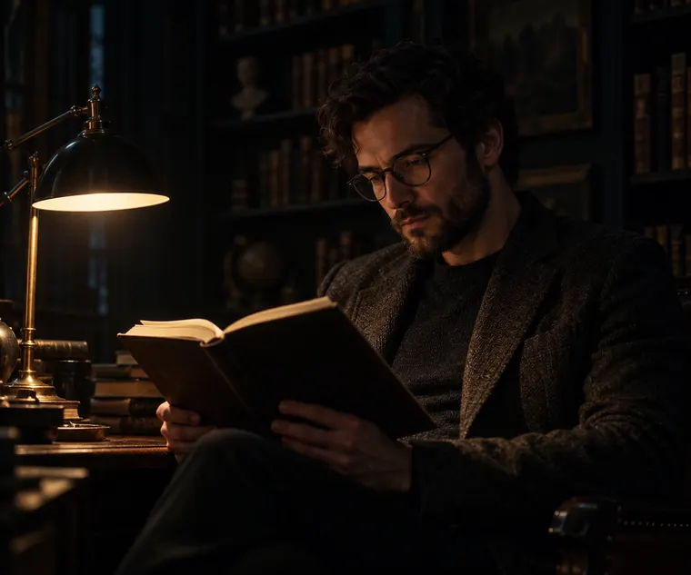 Moody portrait of an adult man with glasses reading a book under a single desk lamp in a dark library, cinematic chiaroscuro lighting, original person