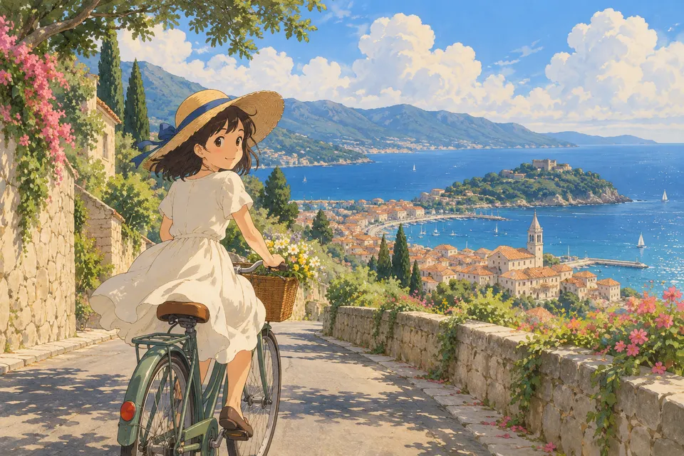 Soft hand-painted anime illustration in a warm Ghibli-inspired style: a young woman with a straw hat cycling down a hillside road toward a seaside town, puffy summer clouds, wildflowers, gentle watercolor shading
