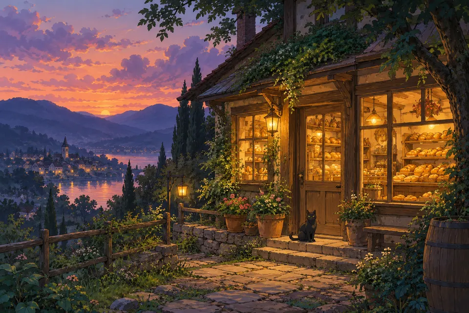 Hand-painted anime landscape in a cozy Ghibli-inspired style: a small wooden bakery at the edge of a forest at dusk, warm lantern light in the windows, a black cat on the step, soft painterly sky