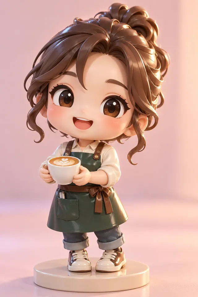3D chibi collectible figure of a smiling barista with big head and small body, holding a latte cup, glossy vinyl toy finish, pastel studio backdrop, soft rim light, product photo of a designer toy