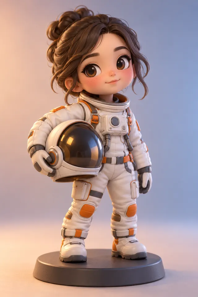 3D chibi collectible doll of an astronaut girl with oversized helmet under her arm, matte vinyl texture, standing on a round display base, soft gradient background, toy photography