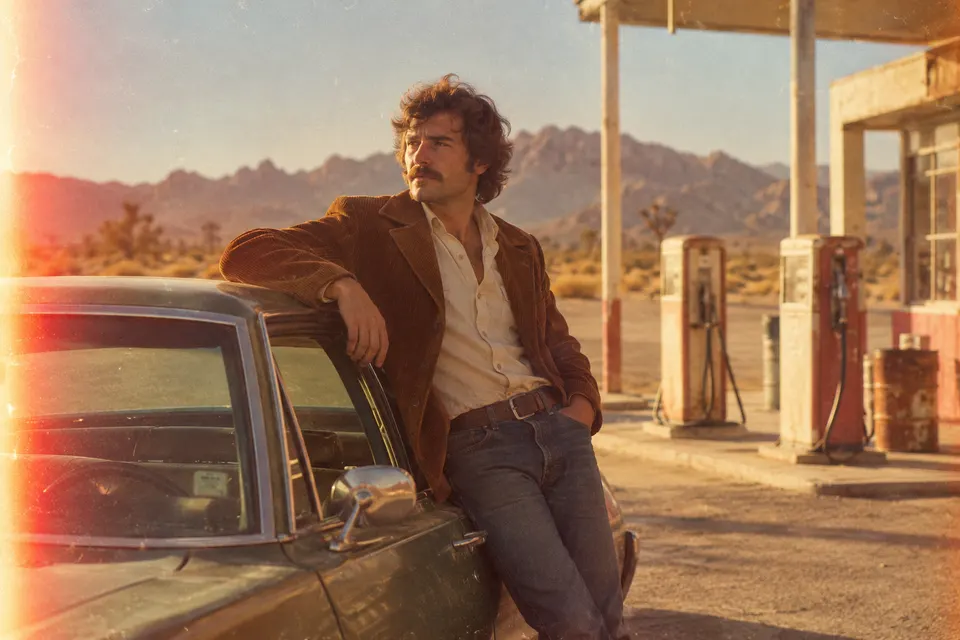 Vintage 1970s film photograph look: a man in a corduroy jacket leaning on an old car at a desert gas station, warm faded colors, visible film grain, slight light leak, golden afternoon light