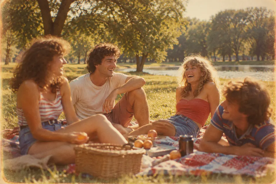 Retro Kodak-style film still of friends laughing around a picnic blanket in a park, 1980s clothes, warm color cast, soft focus edges, film grain, nostalgic summer feel