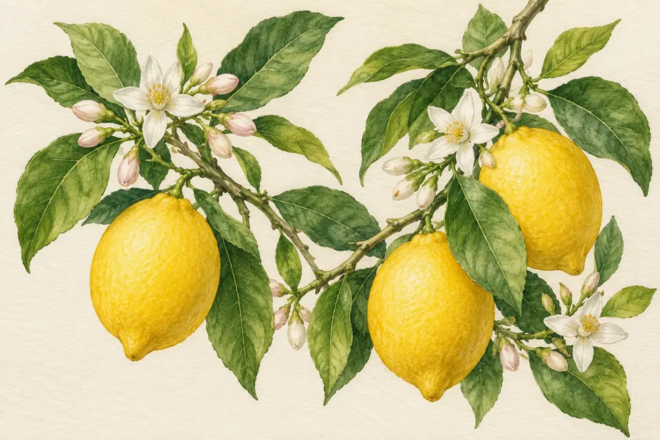 Watercolor botanical illustration of lemon branches with leaves and blossoms on textured cream paper, delicate brush strokes, scientific illustration style