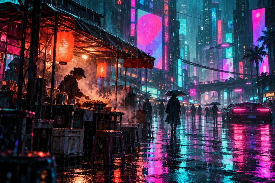 Cyberpunk digital painting of a street food vendor under neon signs in heavy rain, reflections on wet pavement, teal and magenta palette, cinematic composition, abstract shapes instead of readable signs