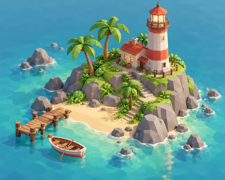 Low-poly 3D isometric diorama of a tiny island with a lighthouse, palm trees and a small boat, clean pastel colors, soft shadows, miniature game-asset style