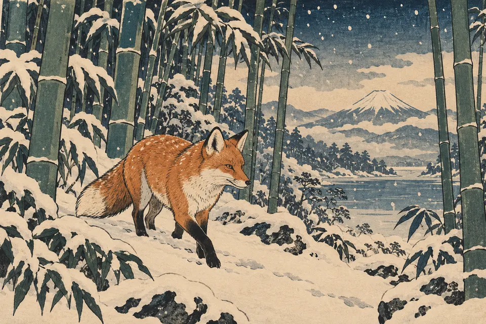 Ukiyo-e inspired woodblock print of a fox walking through a snowy bamboo forest, flat colors, bold outlines, paper texture, traditional Japanese composition