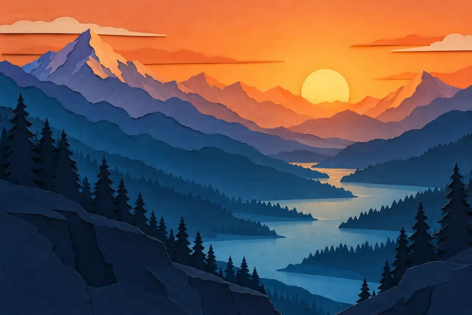 Paper-cut layered art of a mountain valley at sunrise, multiple layers of colored paper with soft shadows between layers, warm orange to deep blue gradient